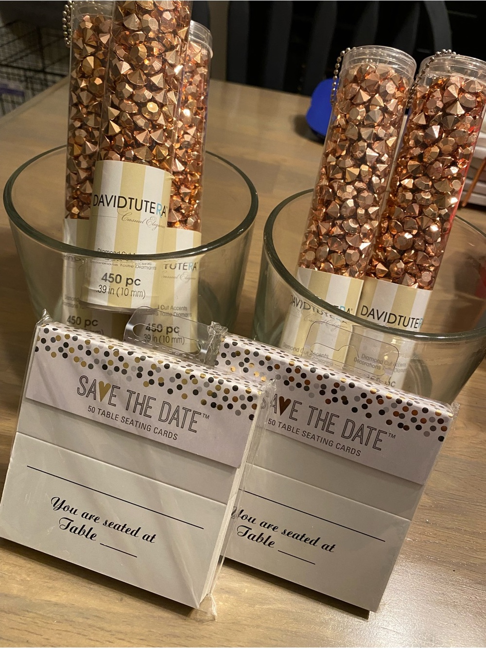 David Tutera Rose Gold Table Gems and Save The Date Seating Cards wedding decor